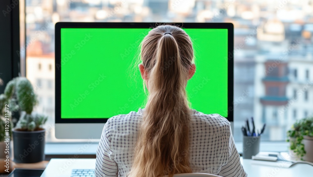Poster A person sitting at a desk in front of a computer with a green screen backdrop.