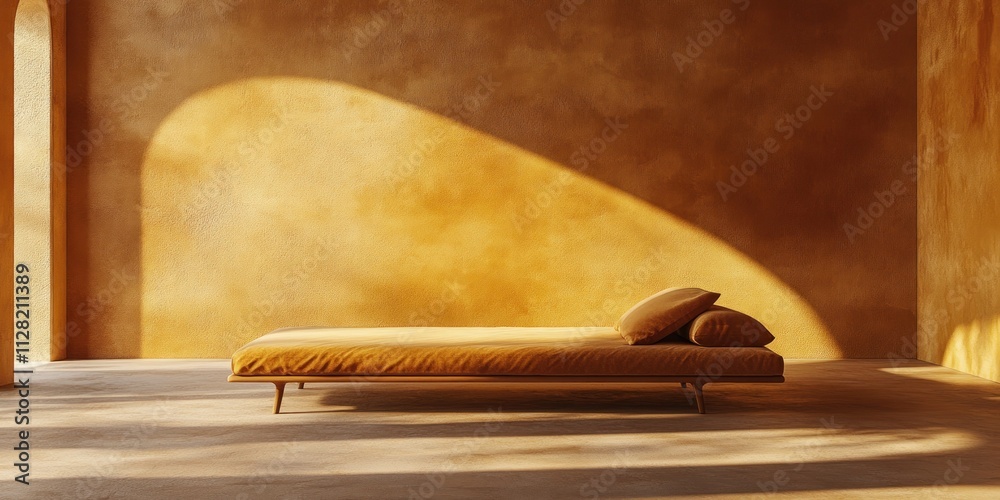 Poster a minimalist room with a warm-toned bed and soft lighting, creating a serene atmosphere.