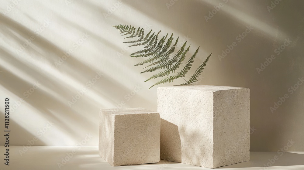 Poster a serene composition featuring geometric blocks and a fern against soft lighting.