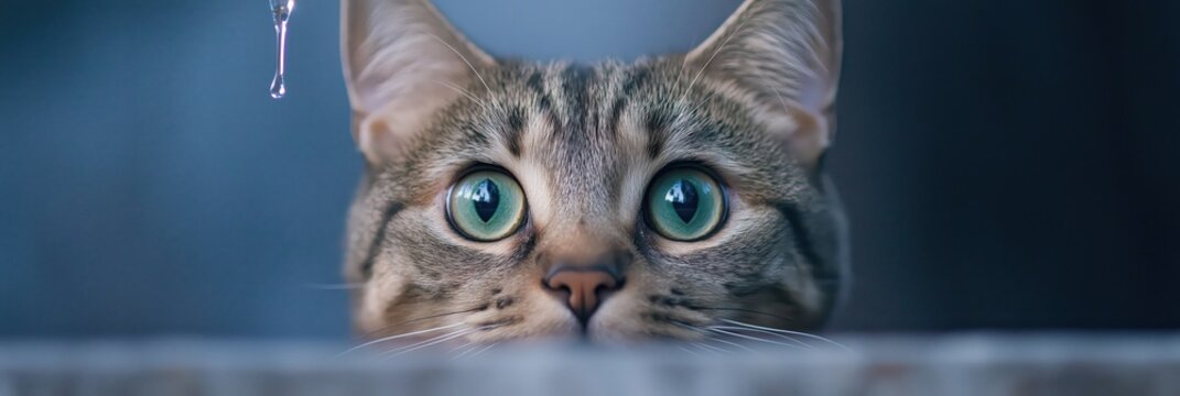 A captivating image of a curious cat with big eyes intently focused on a falling water droplet, showcasing its playful and inquisitive nature.
