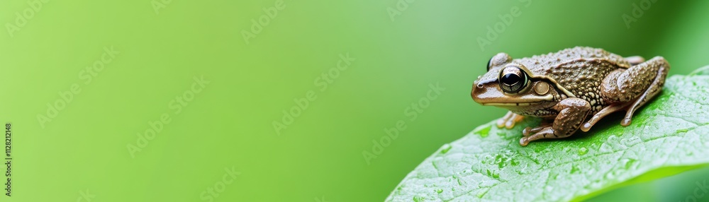 Poster a close-up of a frog resting on a green leaf against a soft blurred background.