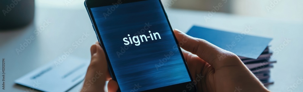 Poster A person using a smartphone displaying a sign-in screen, with paperwork in the background.