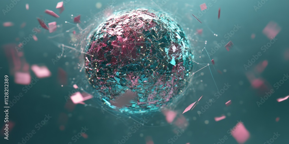 Poster A stylized, abstract representation of a globe with vibrant colors and dynamic particles.