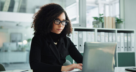 Typing, laptop and reading with business woman in office for email, research or corporate...