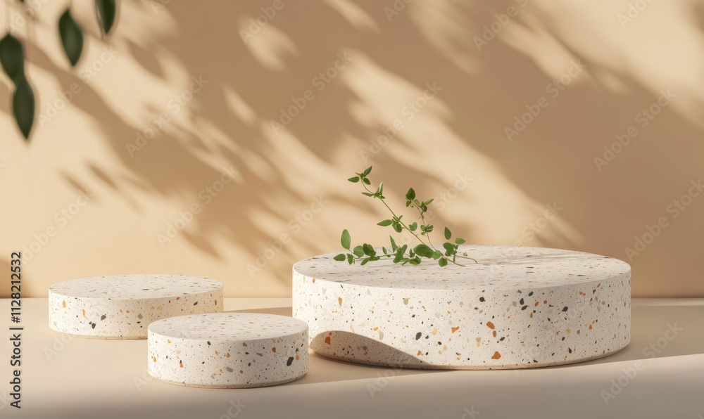 Leinwandbilder A minimalist display featuring circular stone objects with greenery against a soft backdrop.