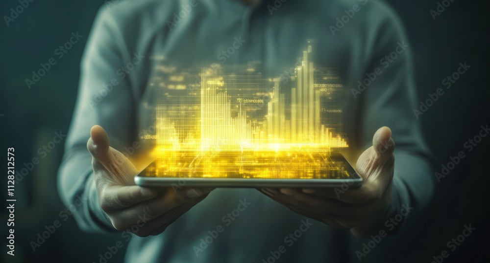 Poster A person holds a tablet displaying glowing data visualizations.