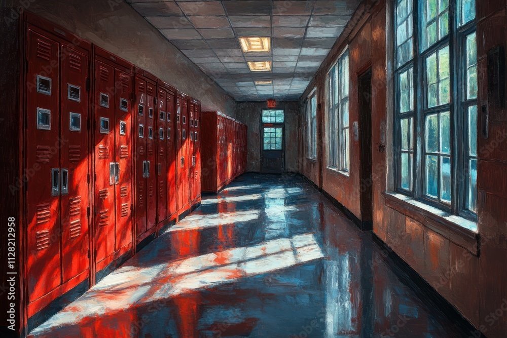 Poster A hallway with red lockers and sunlight streaming through windows, creating reflections on the floor.