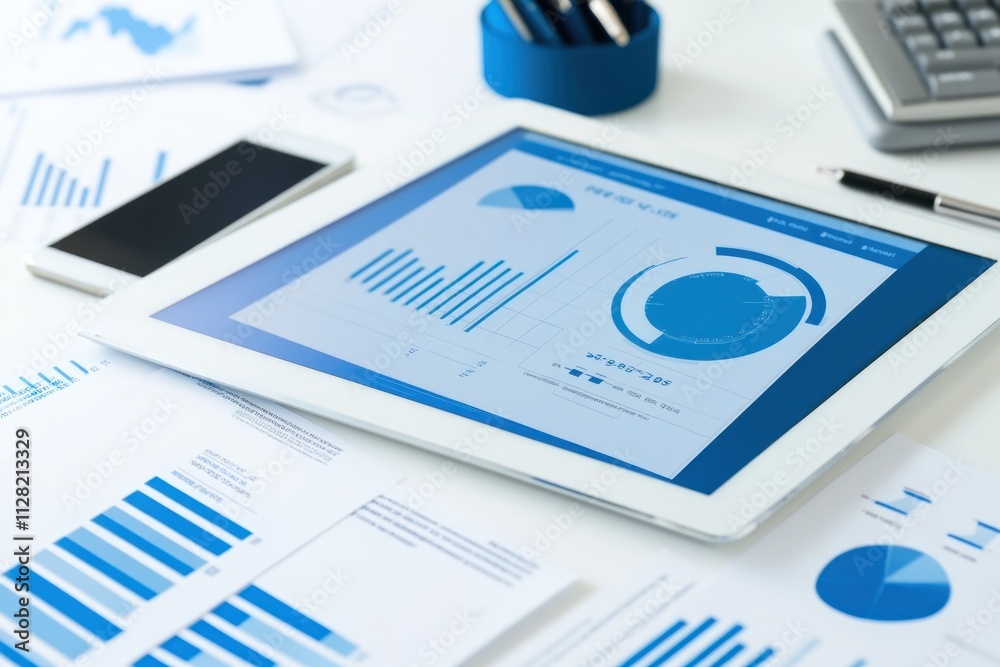 Leinwandbilder A tablet displaying data analytics with graphs and charts on a desk surrounded by documents.