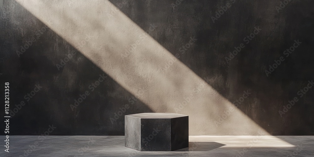 Poster a minimalistic space featuring a hexagonal pedestal under dramatic lighting against a dark wall.
