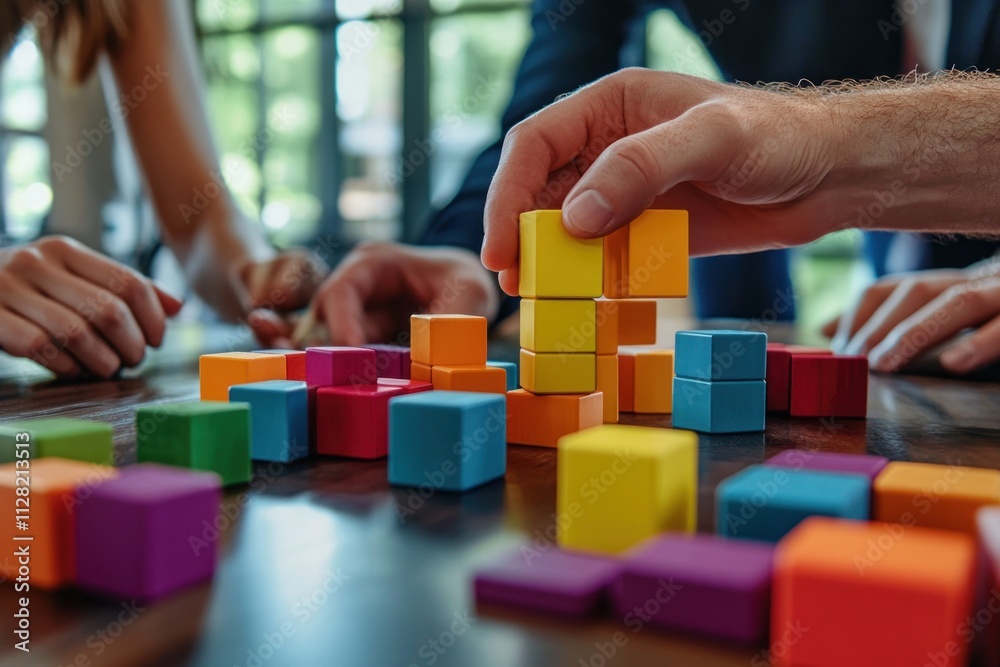 Leinwandbilder a group engages in a colorful block-stacking activity, fostering creativity and collaboration.