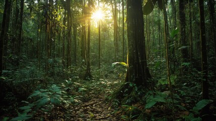 Fototapeta premium Sunlit Path Through Lush Green Rainforest Canopy