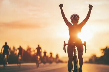 A cyclist celebrates victory during a sunset ride, surrounded by fellow riders.