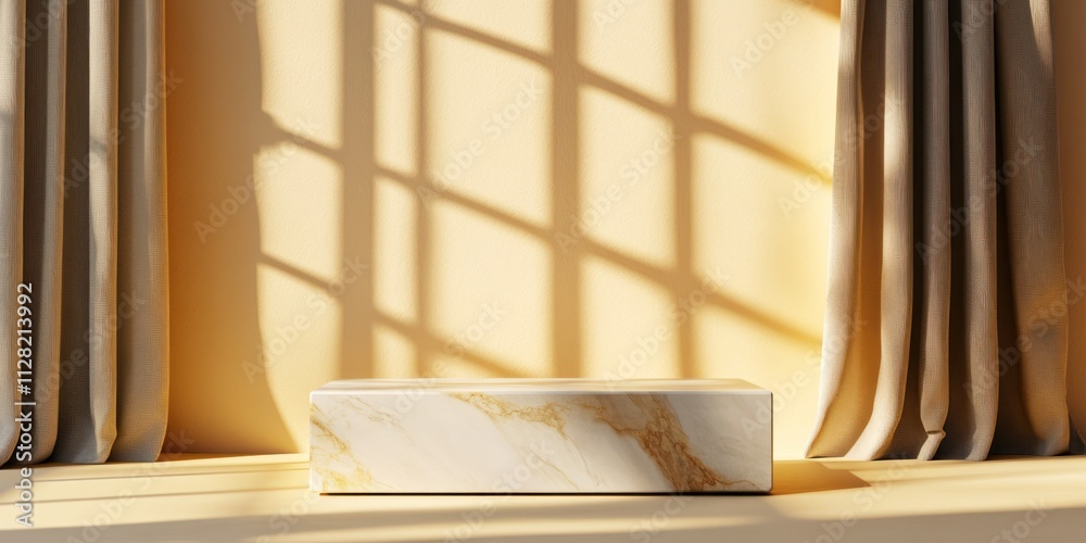 Leinwandbilder a minimalist scene featuring a marble block and curtains casting shadows on a wall.