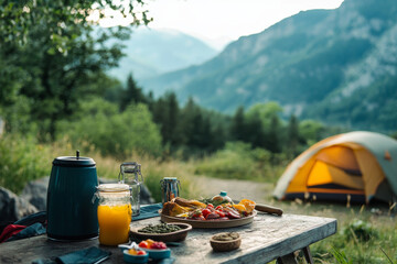 Table with food and drinks outdoors near camp tent with mountains in background. Breakfast in camping