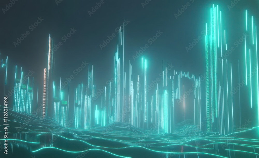 Aufkleber Abstract digital landscape with glowing structures and wave patterns.
