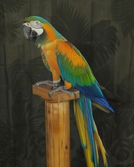 Vibrant macaw perched elegantly on a handcrafted wooden stand in a tropical setting
