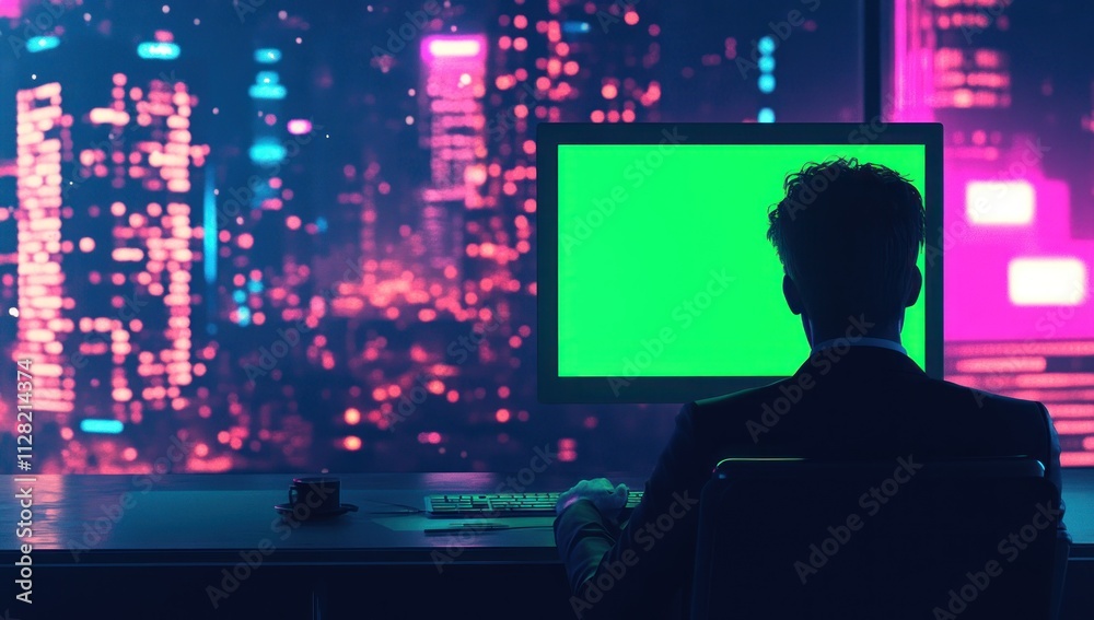 Aufkleber a person in a suit sits at a desk, facing a computer with a green screen and a city view.