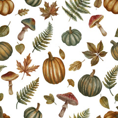 A seamless watercolor pattern featuring autumn leaves, pumpkins, and ferns. Ideal for fall-themed designs, including textiles, wallpapers, gift wrap, greeting cards, seasonal decor, and fabric prints