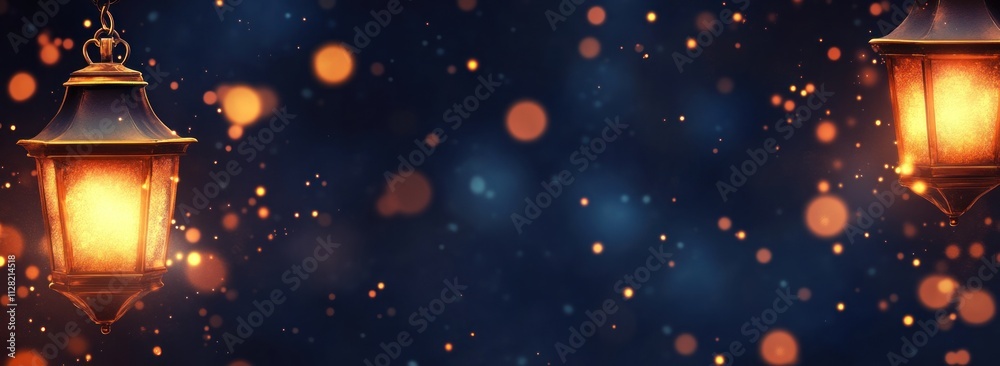 Poster a serene scene featuring glowing lanterns against a bokeh background.