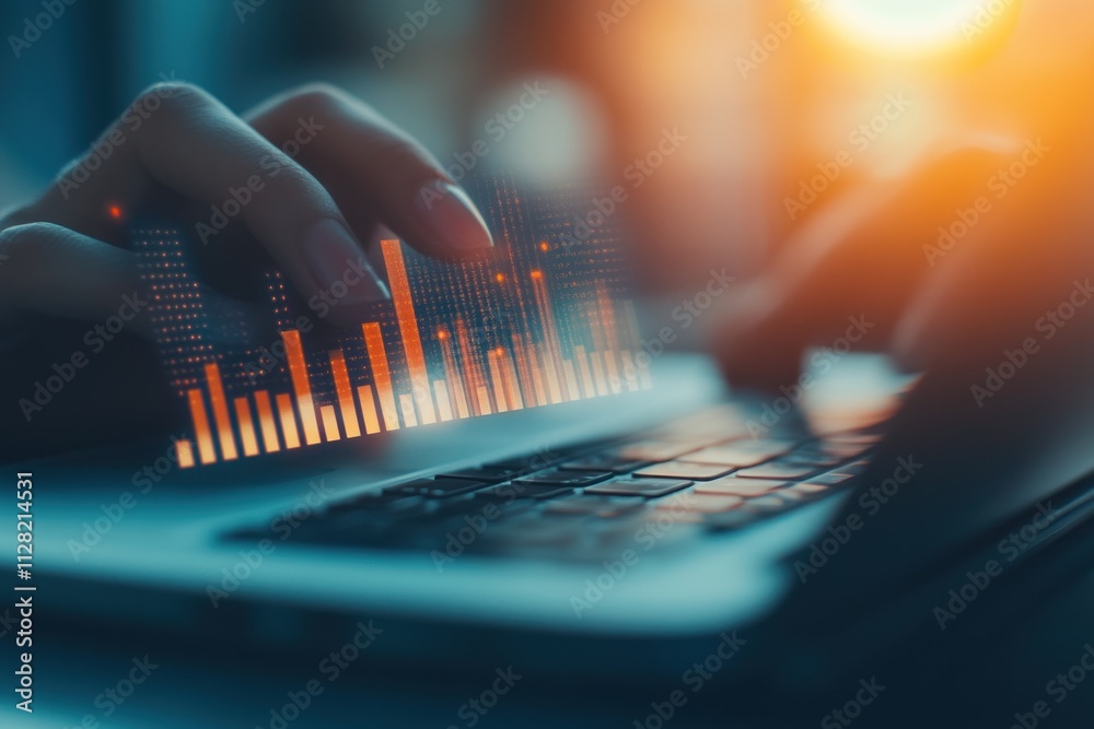 Poster a hand typing on a laptop with a digital sound wave graphic overlay.