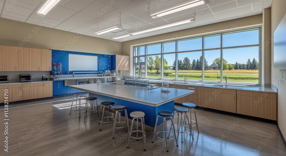 Poster a modern classroom with large windows and a lab setup, ideal for science education.