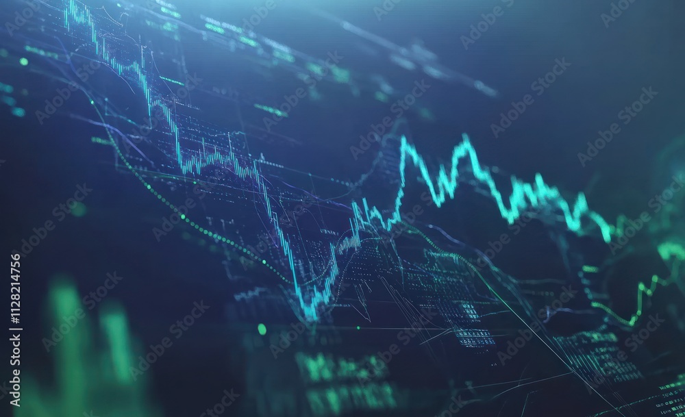 Poster a digital representation of fluctuating financial market data and trends.