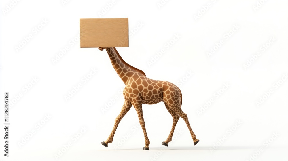 Poster a whimsical giraffe with a box for a head, walking in a minimalist style.