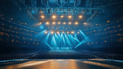 A stage illuminated with lights, ready for a performance, with empty seating in the background.