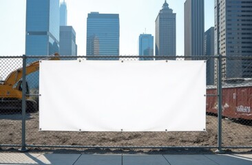 Mock up for construction business: blank white banner on a fence enclosing a construction site in the city center. In the background is a construction site, cranes, construction machines, an unfinishe
