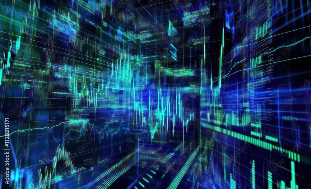 Leinwandbilder A futuristic digital data environment with blue and green visual elements representing analytics.