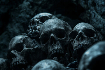Pile of human skulls and bones in darkness. Human remains after death