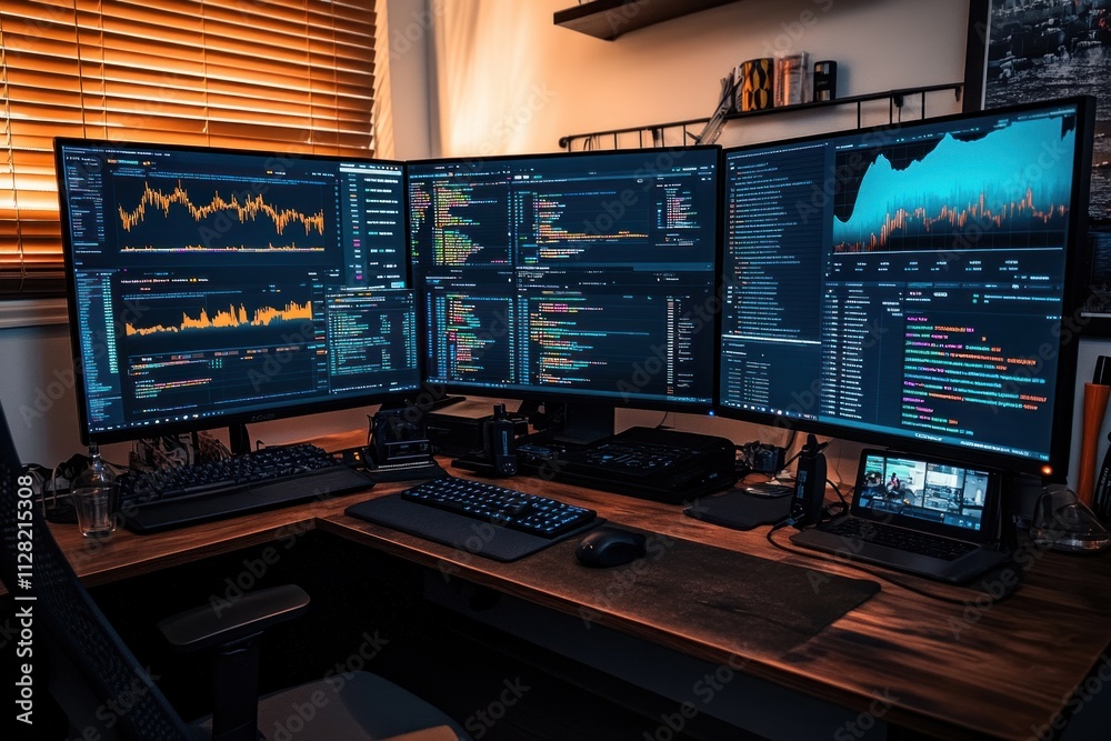 Aufkleber A multi-monitor workspace displaying data analysis and coding activities.