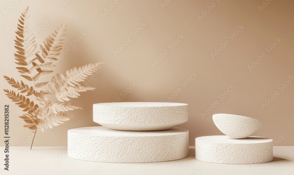 Aufkleber minimalist display of textured bowls and plates with a fern, creating a serene aesthetic.