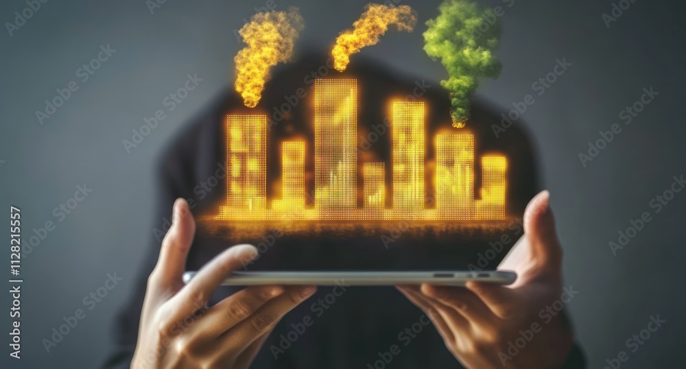 Poster a person holds a tablet displaying a cityscape with smoke, symbolizing urban development and polluti