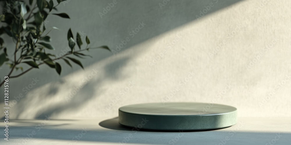 Poster a minimalist green plate on a surface with soft shadows and a plant in the background.