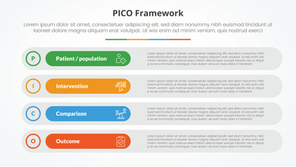 PICO framework infographic concept for slide presentation with long round rectangle box stack with 4 point list with flat style