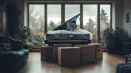 Black Piano Wrapped in Plastic in an Empty Living Room with Large Windows AI generated illustration