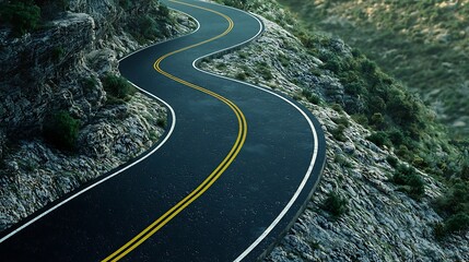 A winding road with a steep incline and a rocky hillside