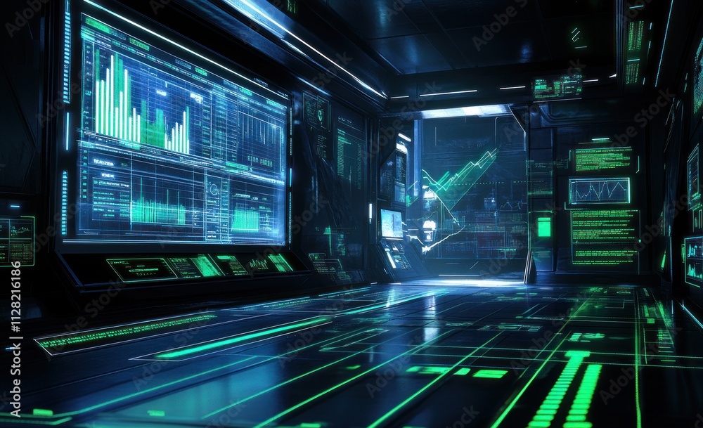 Aufkleber Futuristic control room with glowing screens and data displays.