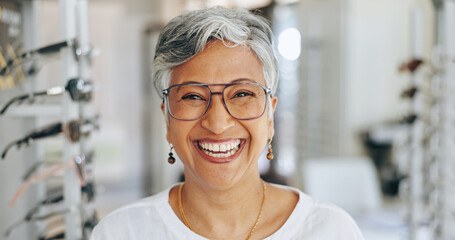 Glasses, optometry and portrait with mature woman for eye care, healthcare and store. Shopping,...