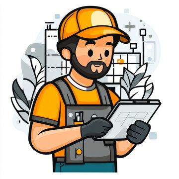 recommend clip art: line art of a worker with a plan. Minimalist. Fresh. Simple. Premium.