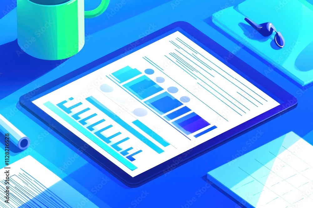 Poster Digital tablet displaying graphs and data on a blue workspace.