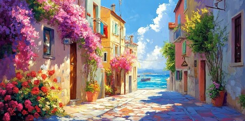 Vibrant Coastal Street with Flowers in an Oil Painting Style AI generated illustration