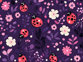 A purple background with a bunch of red ladybugs and flowers.