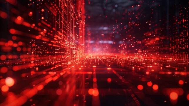 Abstract digital information traveling through cyberspace, creating a futuristic server room visualization with red lights and bokeh effect, representing big data management and processing