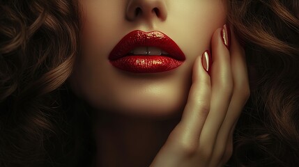 Fototapeta premium Pretty woman With curly hair holds a hand near the face of red lips fashion style, 8k Resolution