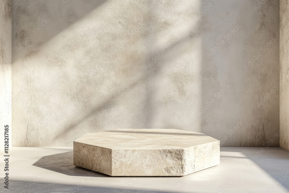 Poster a minimalist hexagonal pedestal in a softly lit room with textured walls.