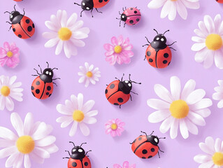 A purple background with a bunch of red ladybugs and flowers.
