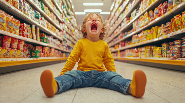 A frustrated child sitting on the floor of a grocery store aisle, crying loudly and throwing a tantrum, surrounded by colorful shelves of snacks and cereal boxes