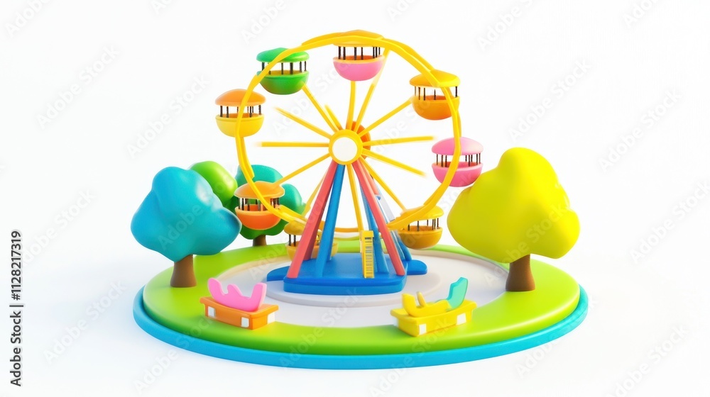 Aufkleber a colorful ferris wheel surrounded by trees and benches in a playful park setting.